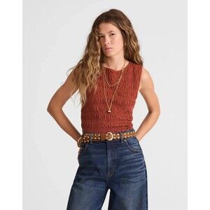 Madewell XL Smocked Boatneck Tank Top Henna Ruffle Hem Sleeveless Slim Fit NWT